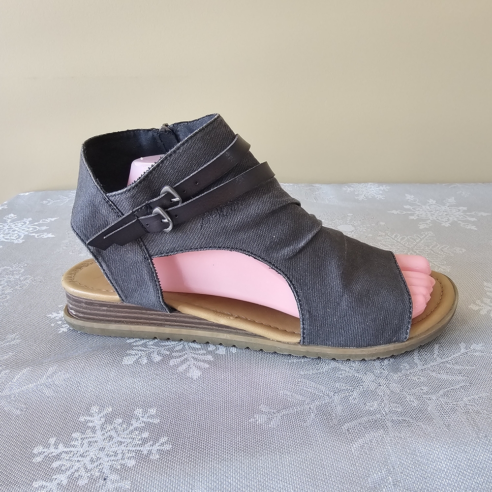 Blowfish Sandals Women's Black Open-Toe Wrap Grey Canvas Boho Sz 10